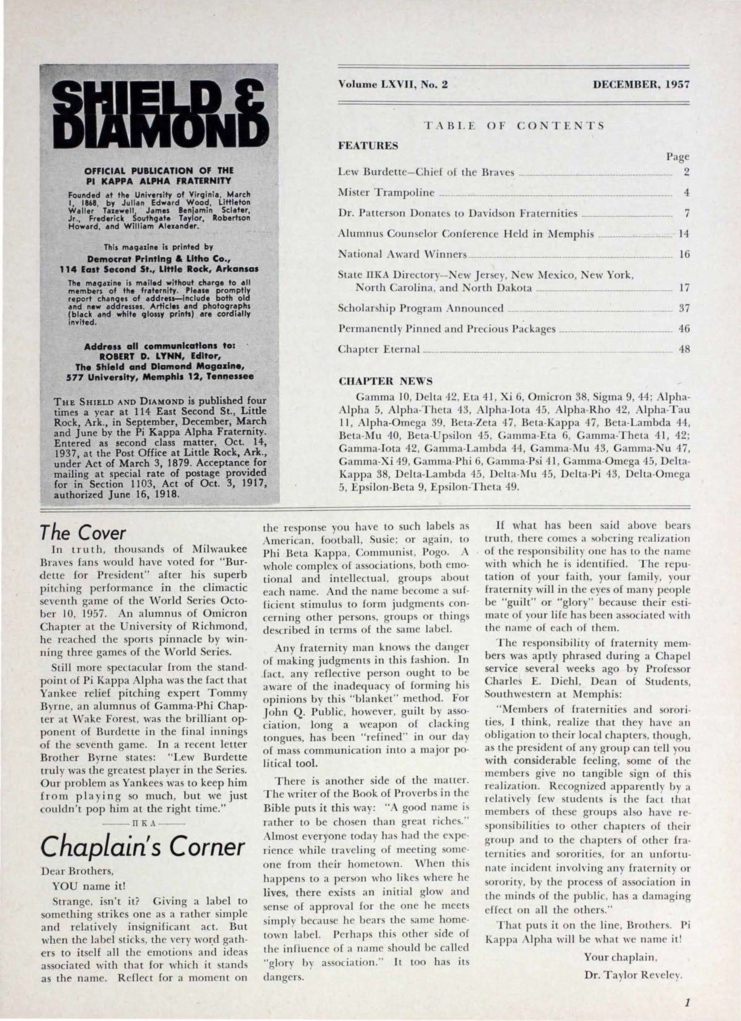 Chaplain's Corner, December 1957